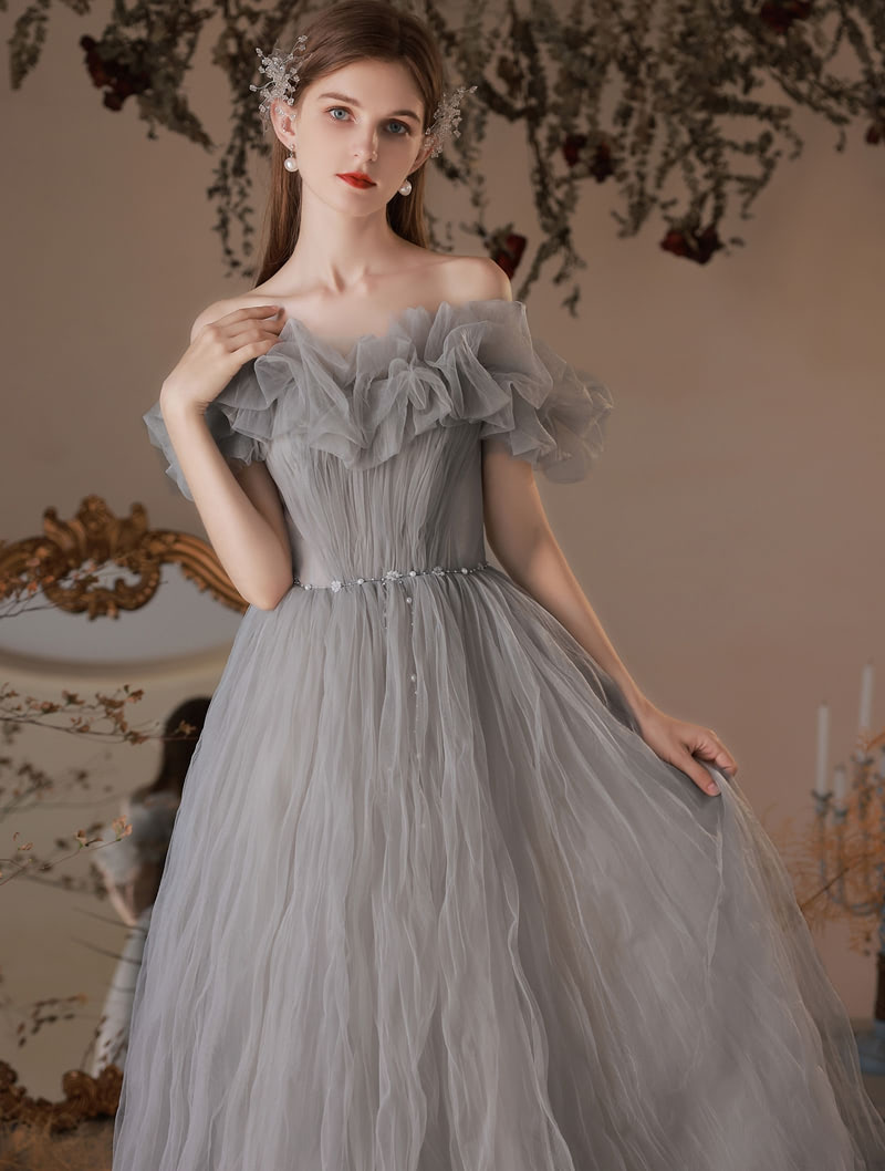 Fairy Off Shoulder Gray Engagement Evening Banquet Party Tulle Dress04