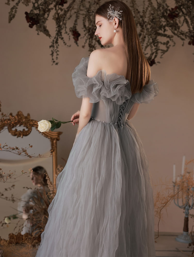Fairy Off Shoulder Gray Engagement Evening Banquet Party Tulle Dress05