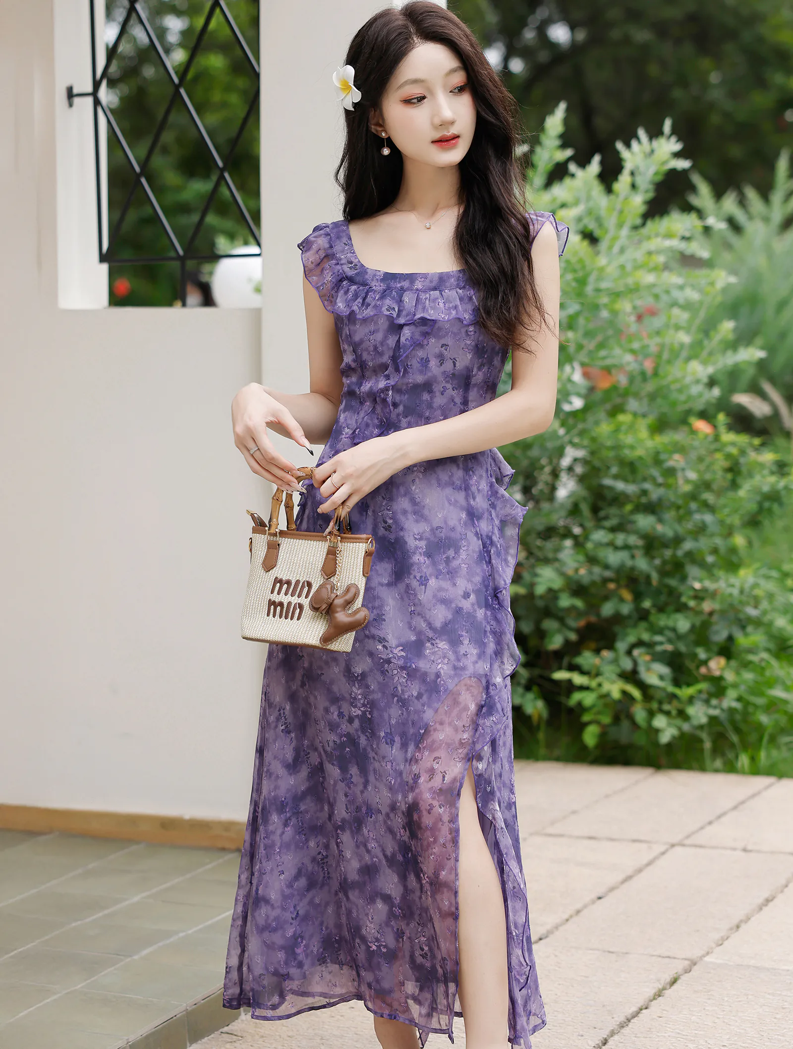 Chiffon Casual Dress.Feminine Lavender Floral Print Ruffle Side Slit Chiffon Casual Dress ...