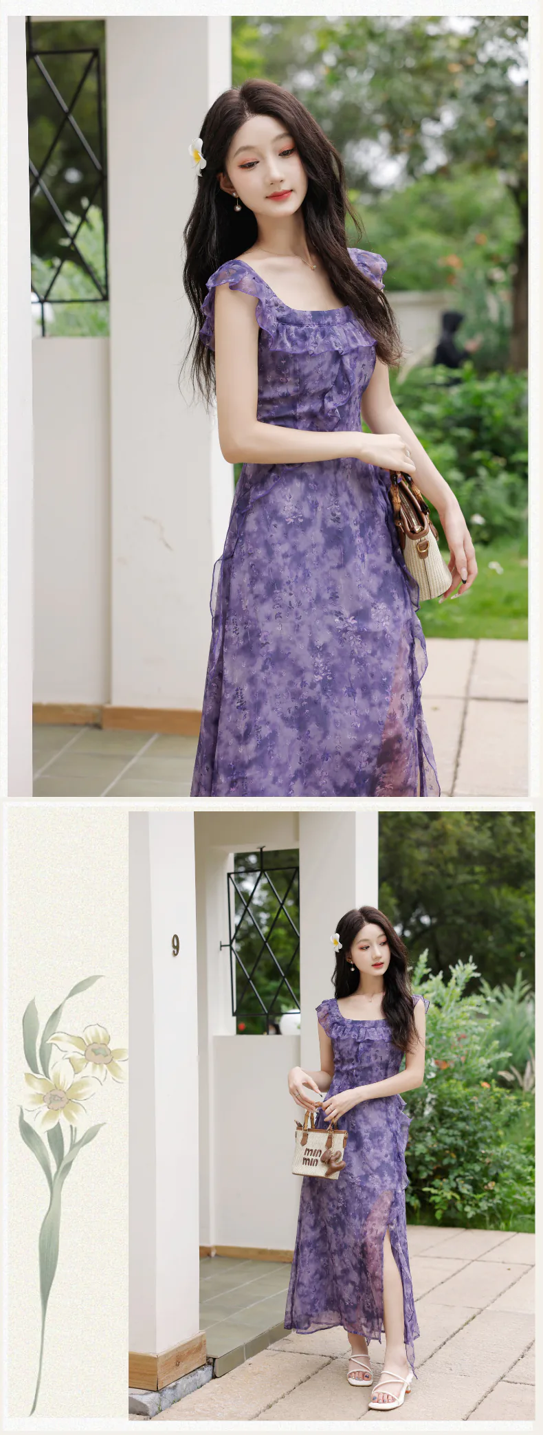 Feminine-Lavender-Floral-Print-Ruffle-Side-Slit-Chiffon-Casual-Dress10