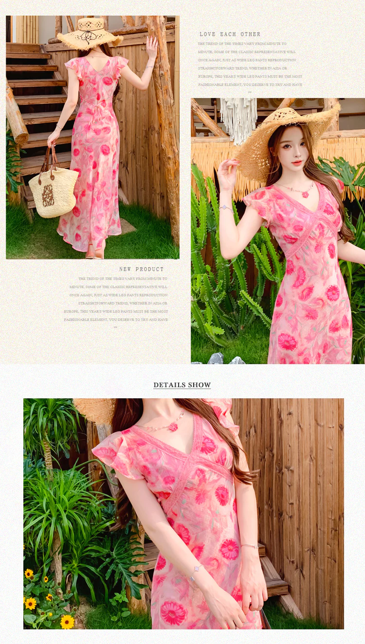 Feminine-Pink-Floral-Blossom-Print-V-Neck-Vacation-Casual-Summer-Dress08