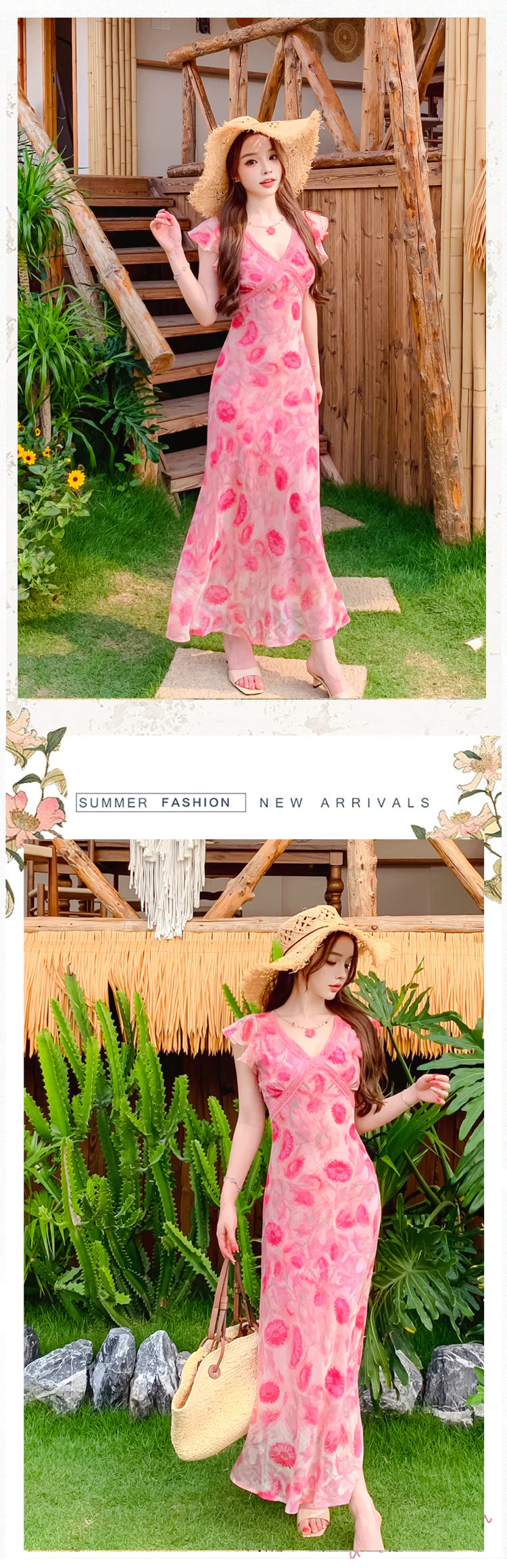 Feminine-Pink-Floral-Blossom-Print-V-Neck-Vacation-Casual-Summer-Dress10