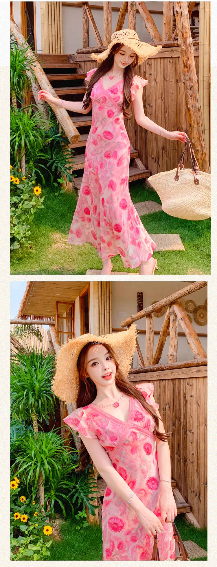 Feminine-Pink-Floral-Blossom-Print-V-Neck-Vacation-Casual-Summer-Dress13