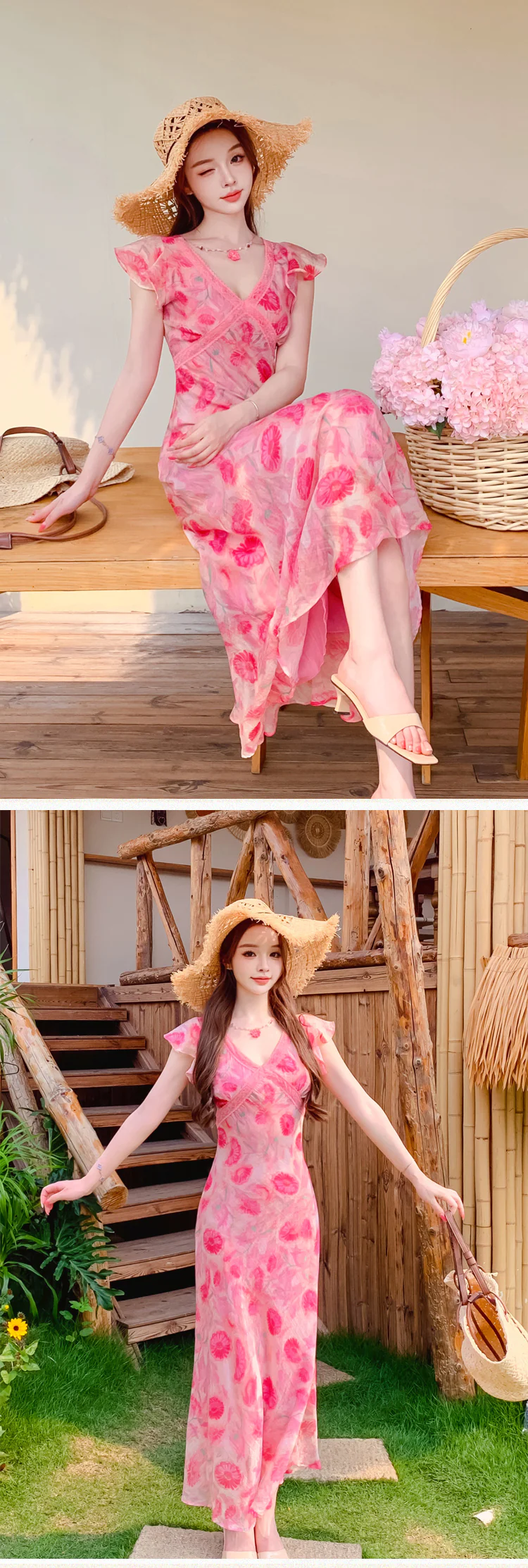 Feminine-Pink-Floral-Blossom-Print-V-Neck-Vacation-Casual-Summer-Dress14