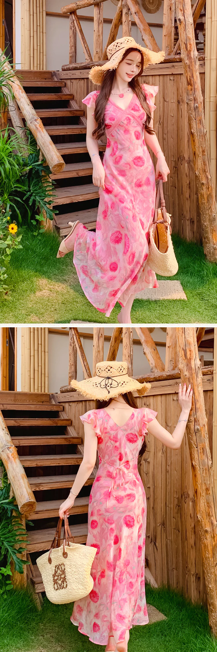 Feminine-Pink-Floral-Blossom-Print-V-Neck-Vacation-Casual-Summer-Dress15