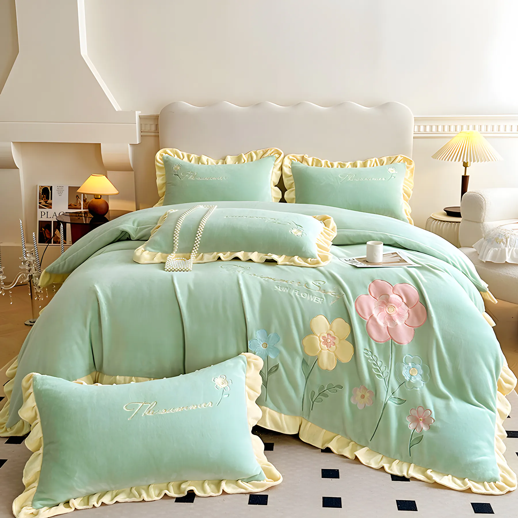 Floral Embroidery Matte Milk Velvet Comforter Cover Bedding Set01