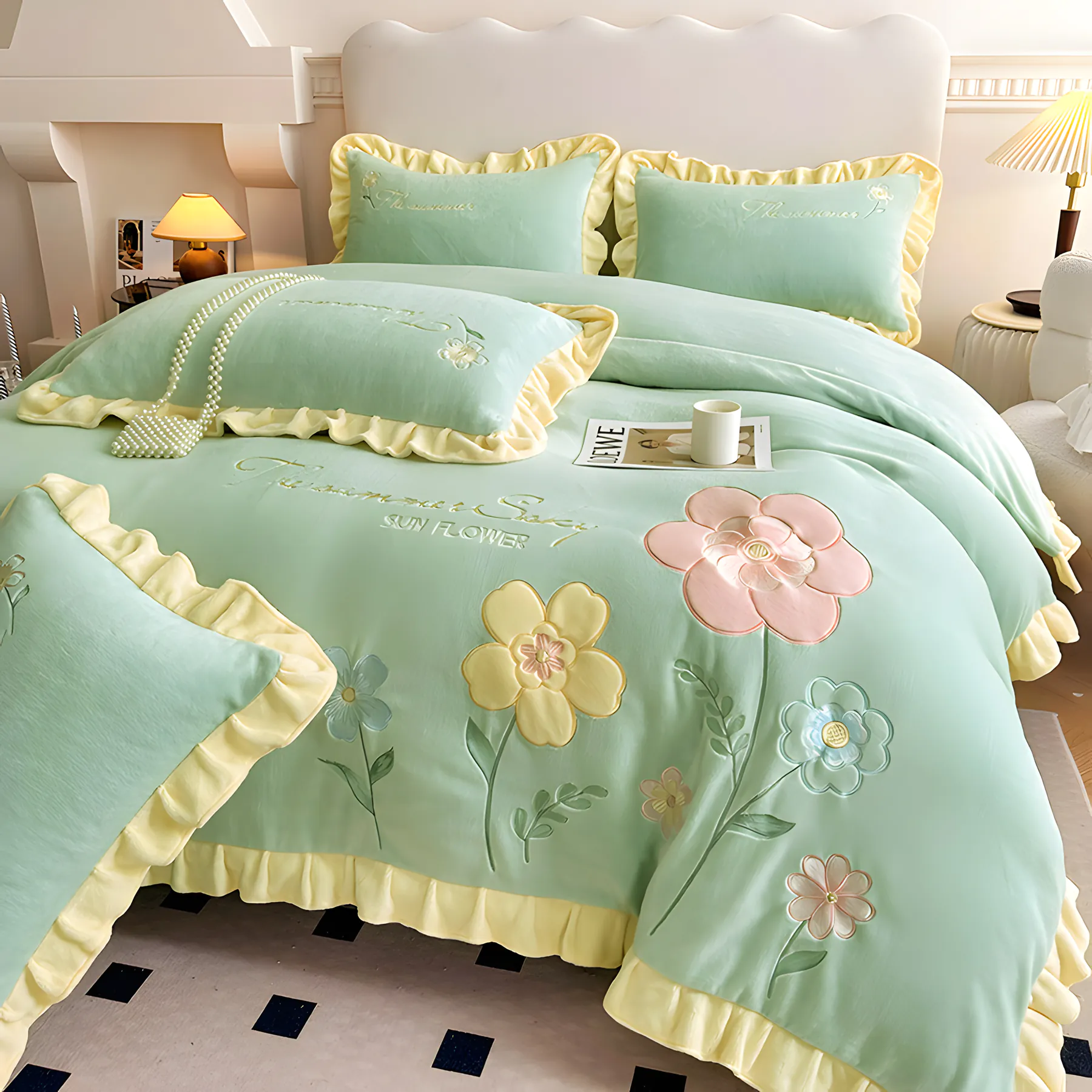 Floral Embroidery Matte Milk Velvet Comforter Cover Bedding Set02