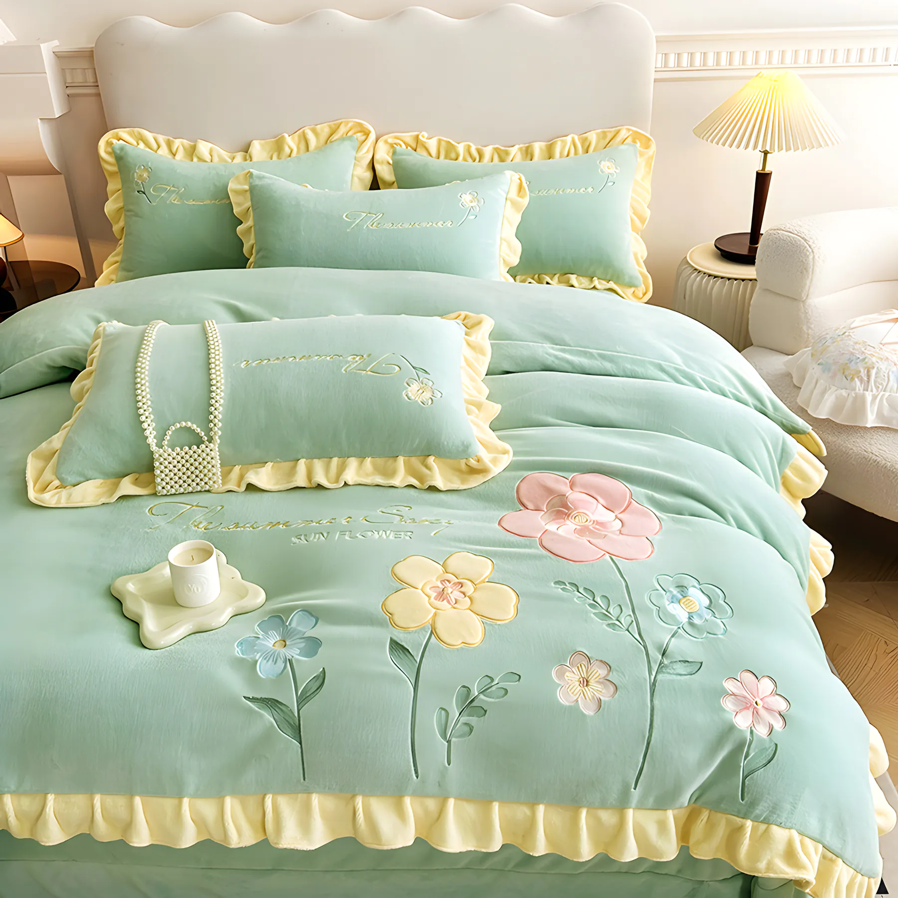 Floral Embroidery Matte Milk Velvet Comforter Cover Bedding Set03
