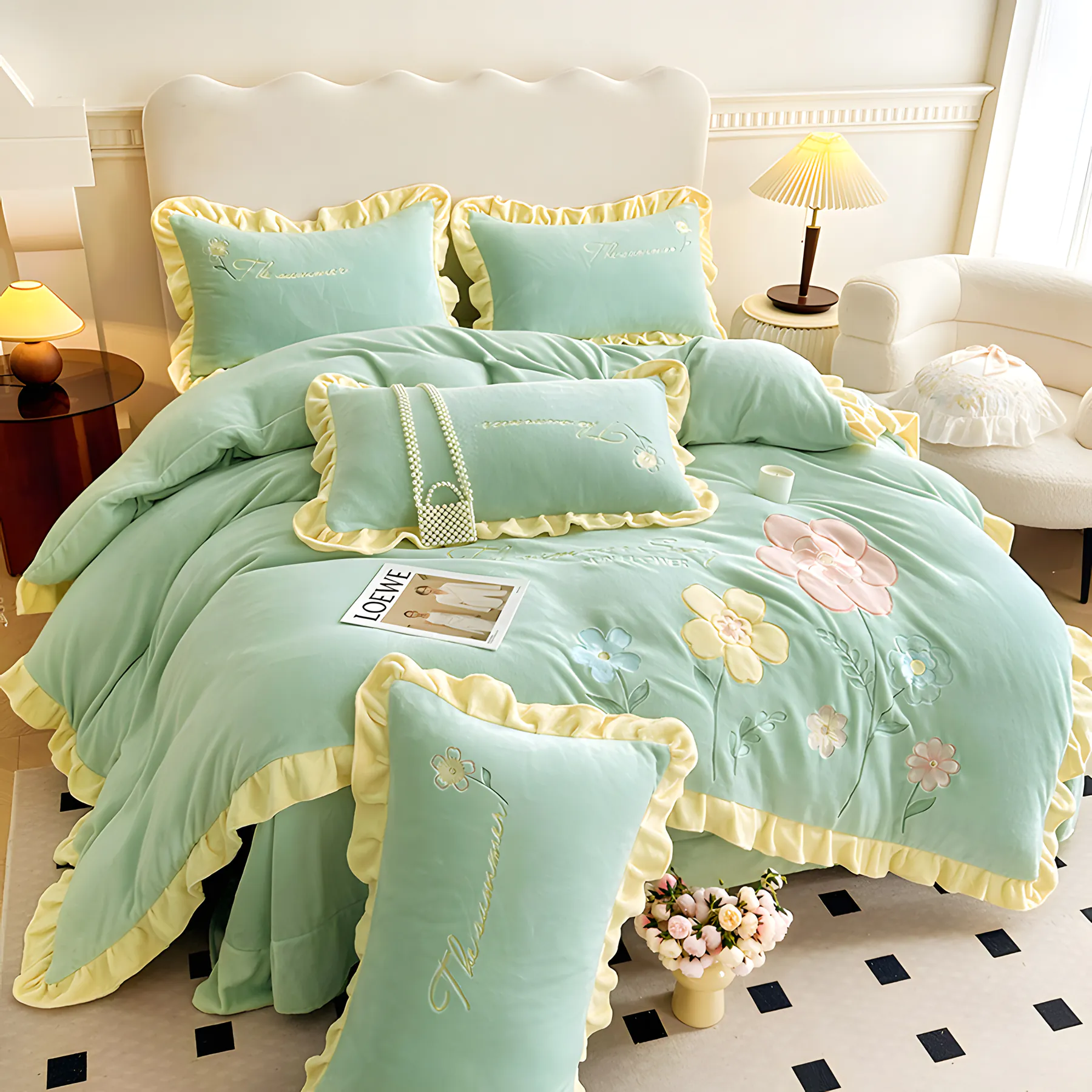 Floral Embroidery Matte Milk Velvet Comforter Cover Bedding Set04