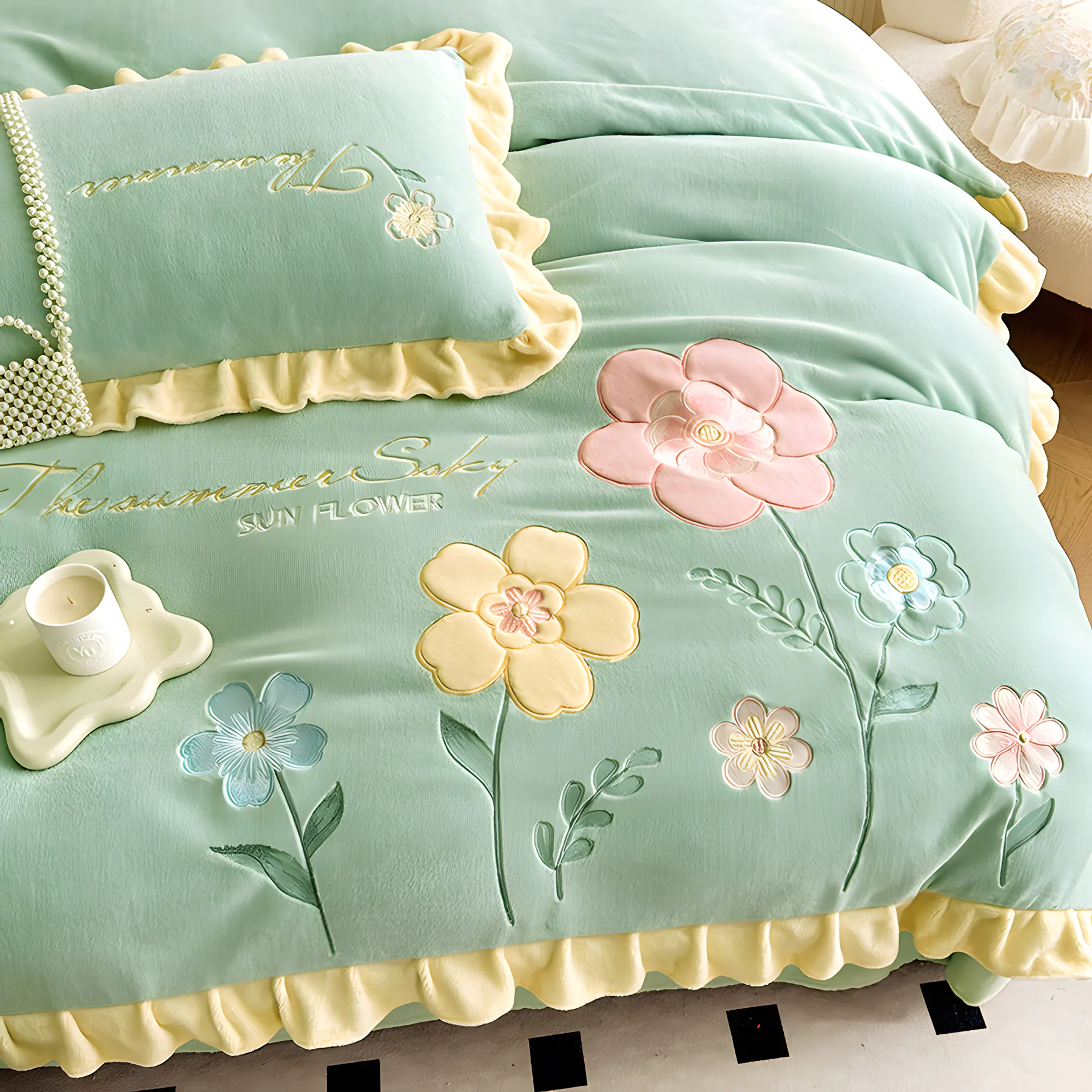 Floral Embroidery Matte Milk Velvet Comforter Cover Bedding Set05