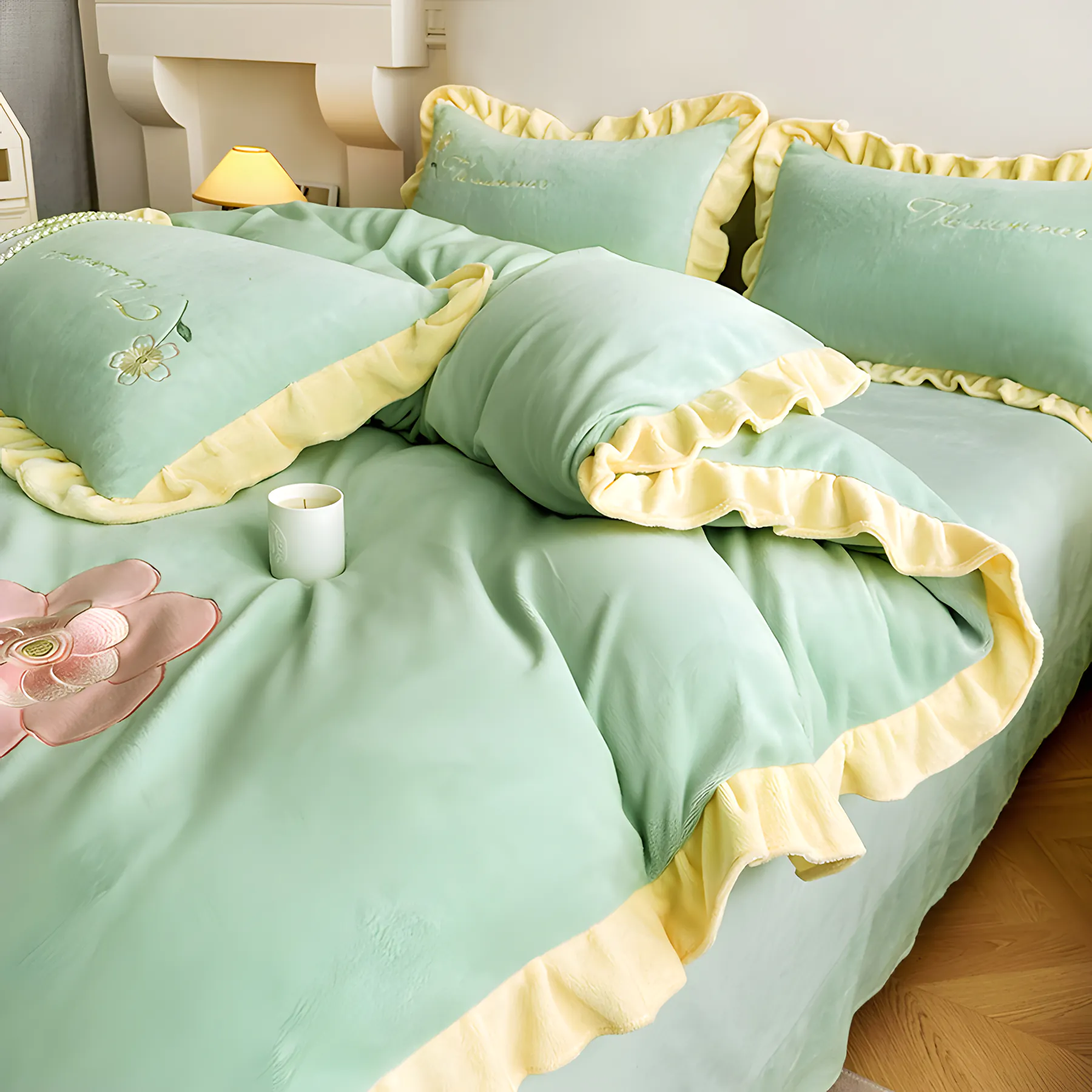 Floral Embroidery Matte Milk Velvet Comforter Cover Bedding Set06