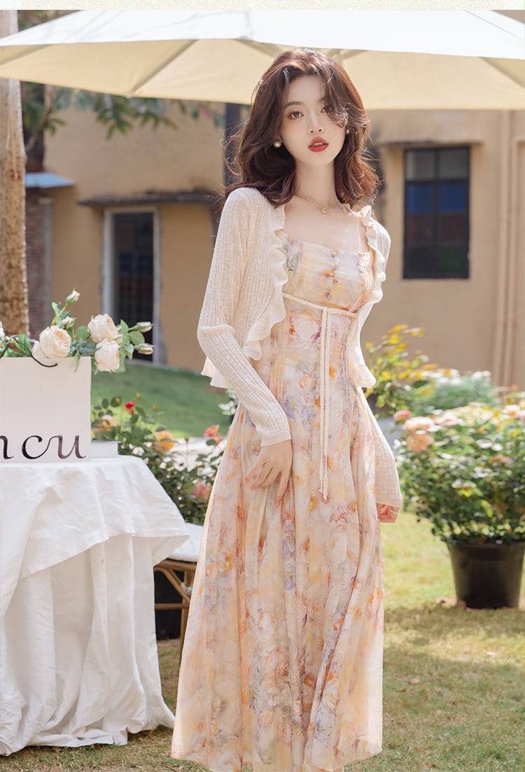 Floral-Printed-Ruffle-Chiffon-Holiday-Slip-Dress-Knit-Shirt-Casual-Suit12