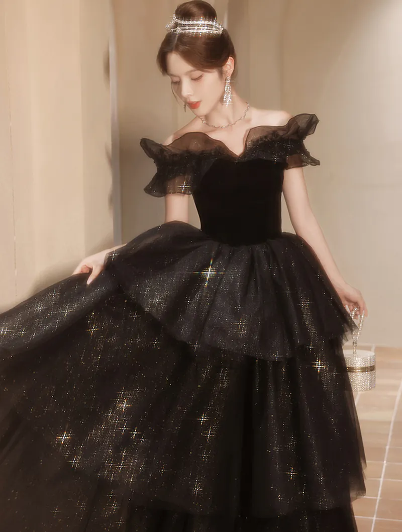 Fluffy Off the Shoulder Black Tulle Prom Evening Dress Puffy Ball Gown03