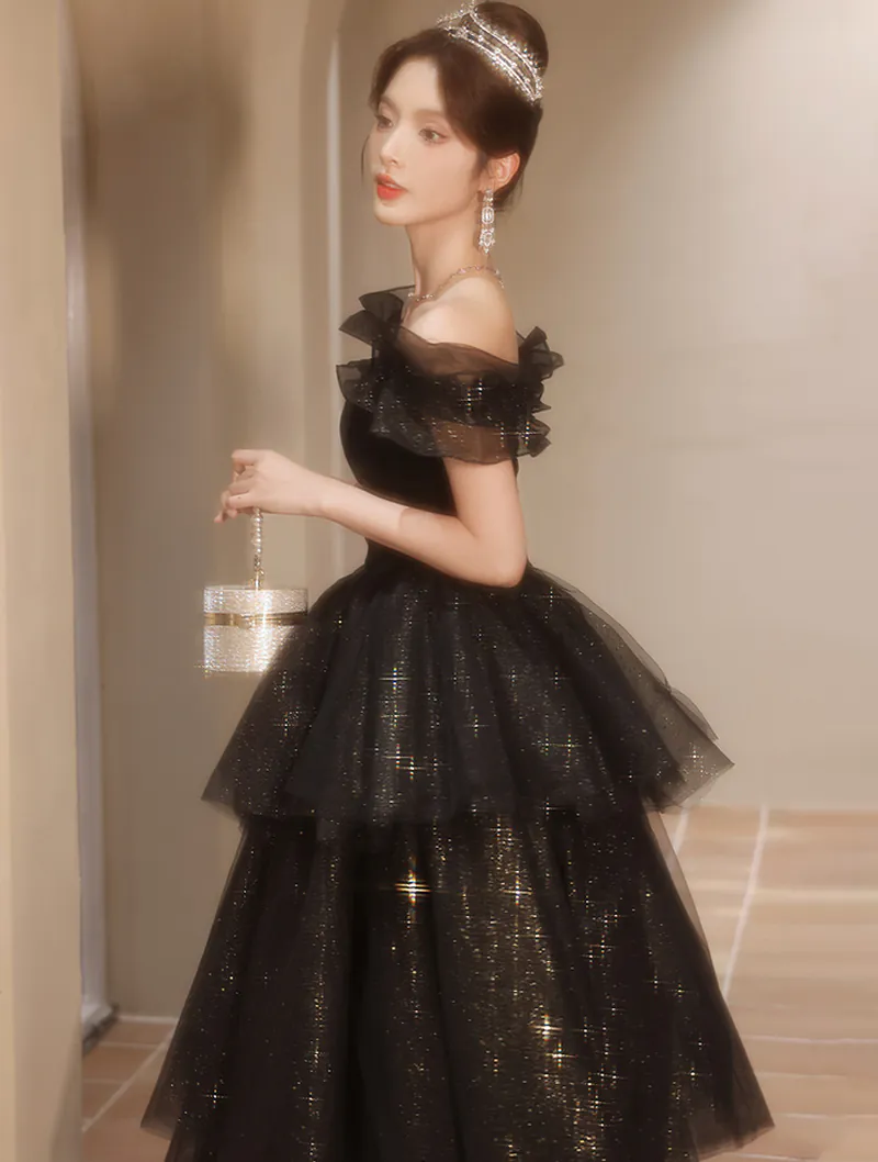 Fluffy Off the Shoulder Black Tulle Prom Evening Dress Puffy Ball Gown04