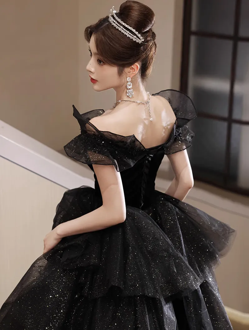 Fluffy Off the Shoulder Black Tulle Prom Evening Dress Puffy Ball Gown01