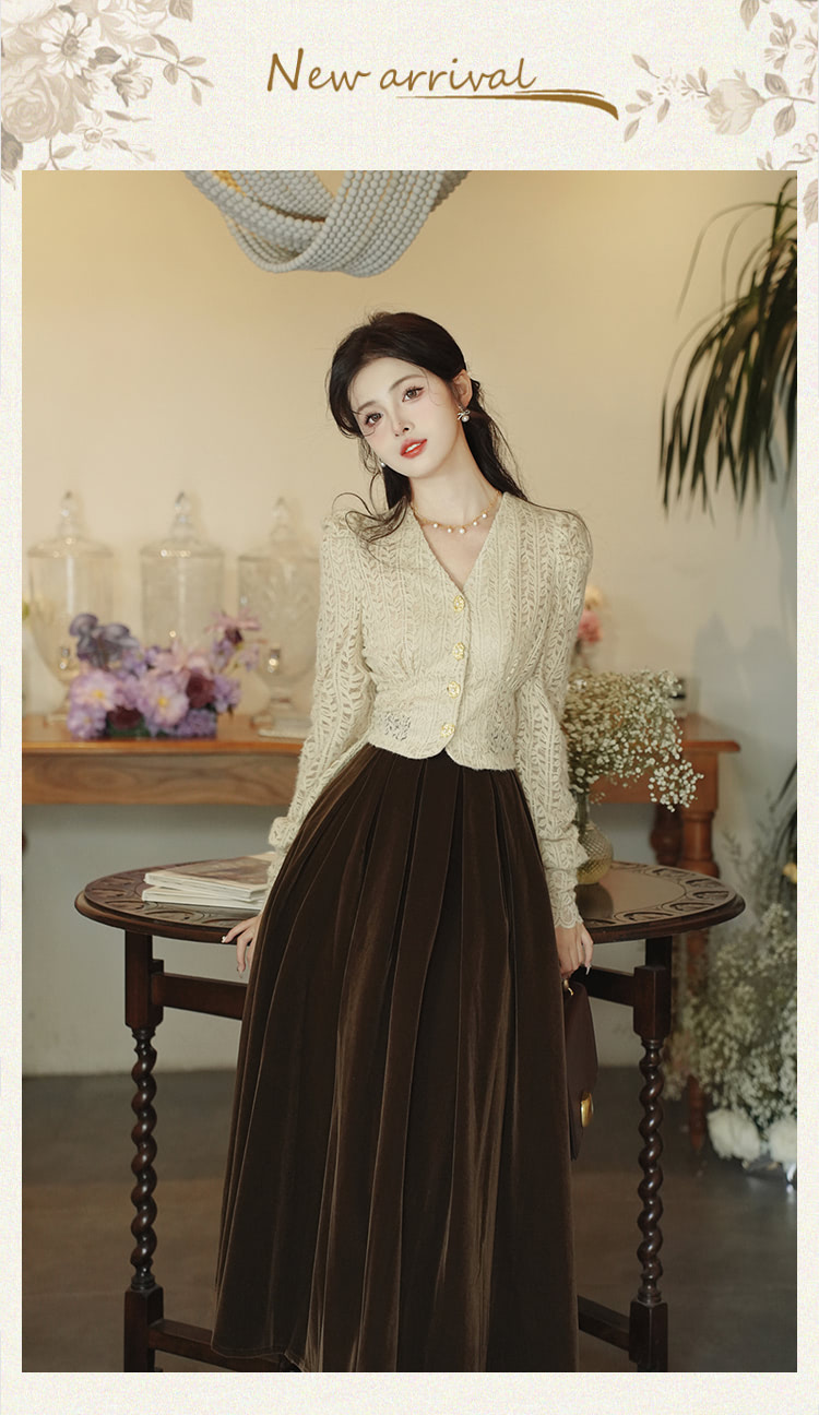 French-Vintage-Style-High-Waist-Velvet-Skirt-Slim-Skirt-Lace-Cardigan-Suit06