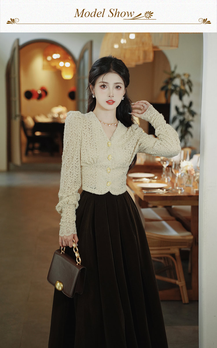 French-Vintage-Style-High-Waist-Velvet-Skirt-Slim-Skirt-Lace-Cardigan-Suit09