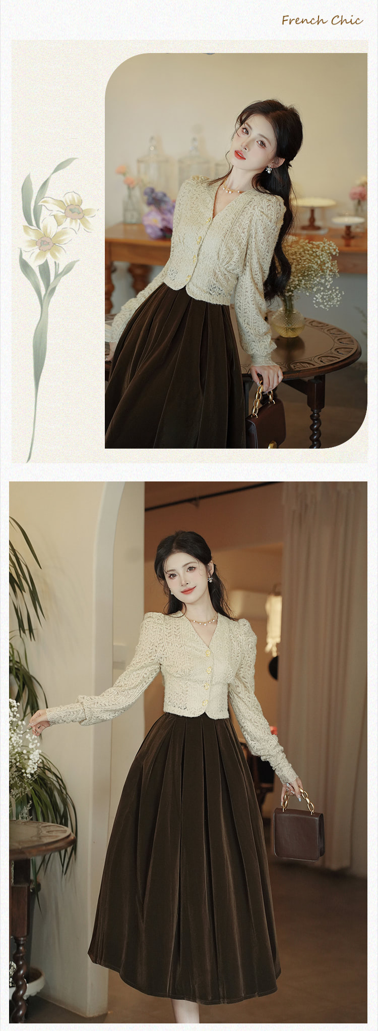 French-Vintage-Style-High-Waist-Velvet-Skirt-Slim-Skirt-Lace-Cardigan-Suit10