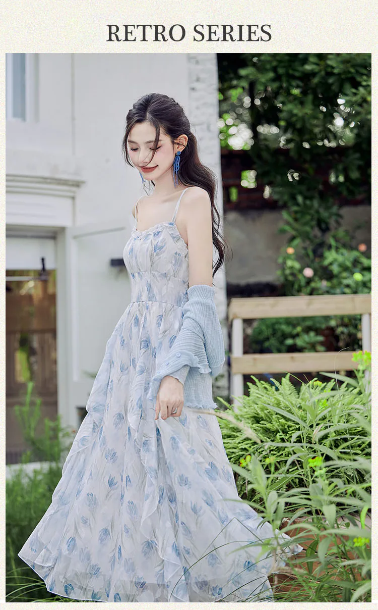 Gentle Soft Blue Floral Print Beach Work Casual Dress with Cardigan Set (Size: L)