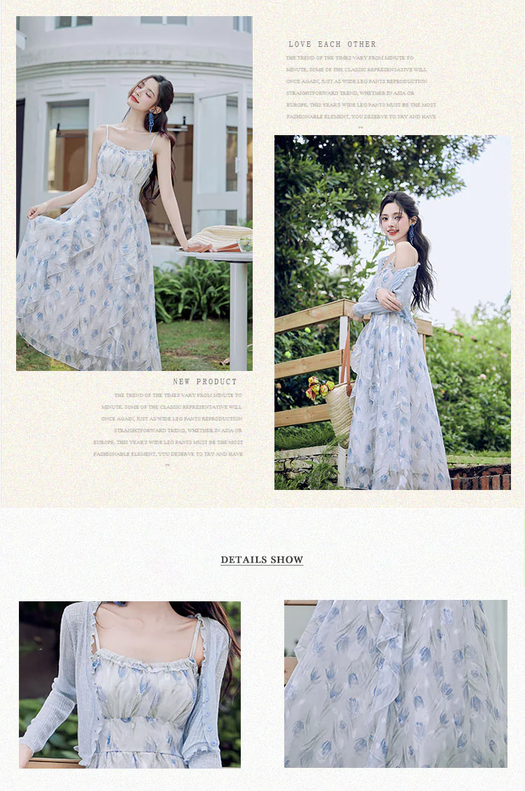 Gentle-Soft-Blue-Floral-Print-Beach-Work-Casual-Dress-with-Cardigan-Set08