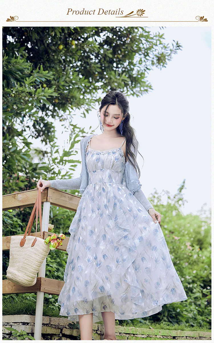 Gentle-Soft-Blue-Floral-Print-Beach-Work-Casual-Dress-with-Cardigan-Set09