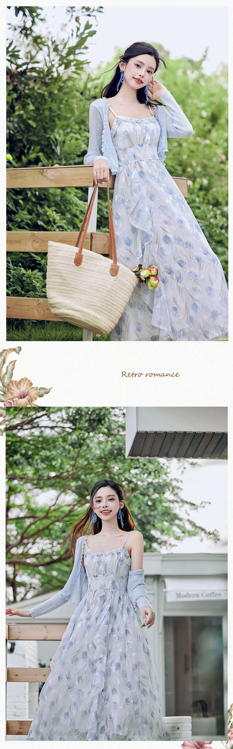 Gentle-Soft-Blue-Floral-Print-Beach-Work-Casual-Dress-with-Cardigan-Set11