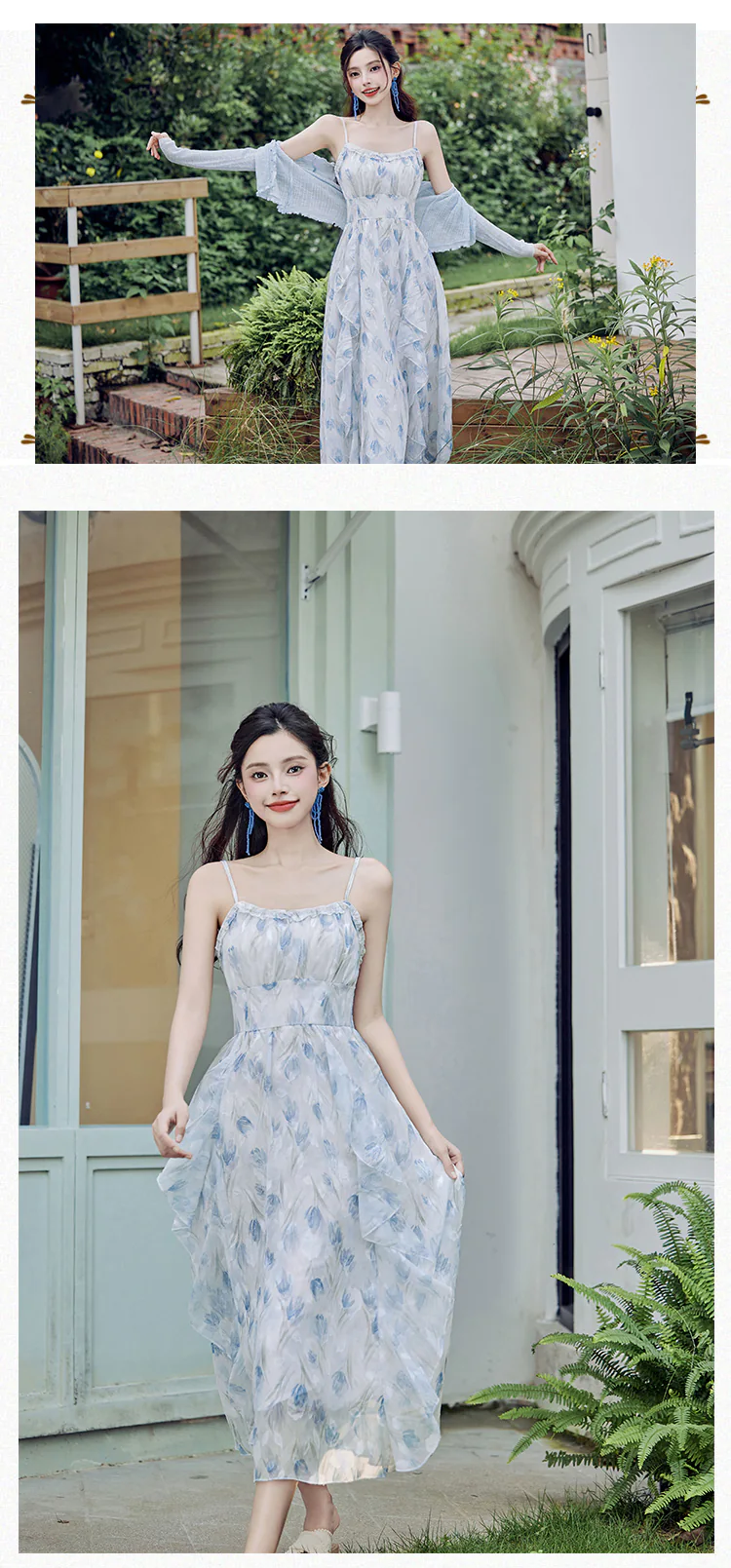 Gentle-Soft-Blue-Floral-Print-Beach-Work-Casual-Dress-with-Cardigan-Set12