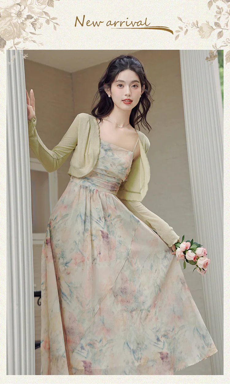 Green-Tie-Dye-Floral-Oil-Painting-Pleated-Slip-Dress-with-Cardigan-Suit07