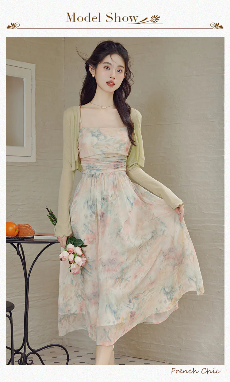 Green-Tie-Dye-Floral-Oil-Painting-Pleated-Slip-Dress-with-Cardigan-Suit10