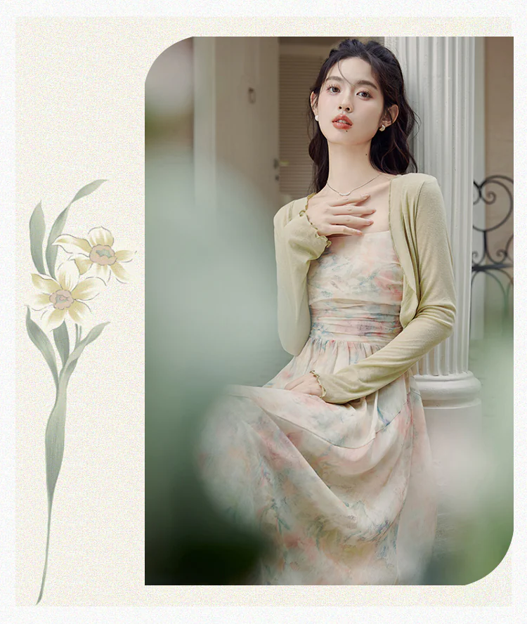 Green-Tie-Dye-Floral-Oil-Painting-Pleated-Slip-Dress-with-Cardigan-Suit11