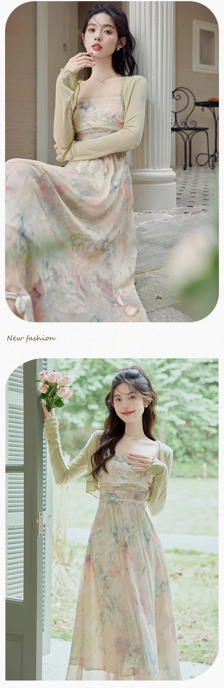 Green-Tie-Dye-Floral-Oil-Painting-Pleated-Slip-Dress-with-Cardigan-Suit13