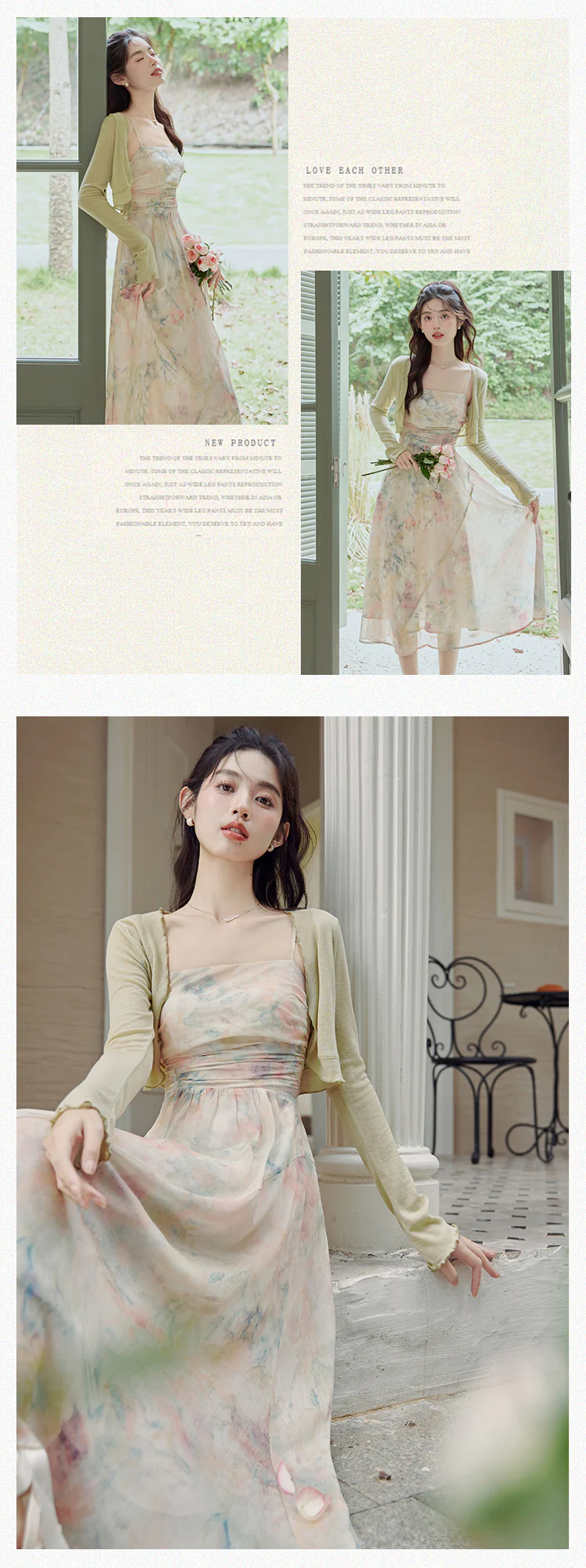 Green-Tie-Dye-Floral-Oil-Painting-Pleated-Slip-Dress-with-Cardigan-Suit14