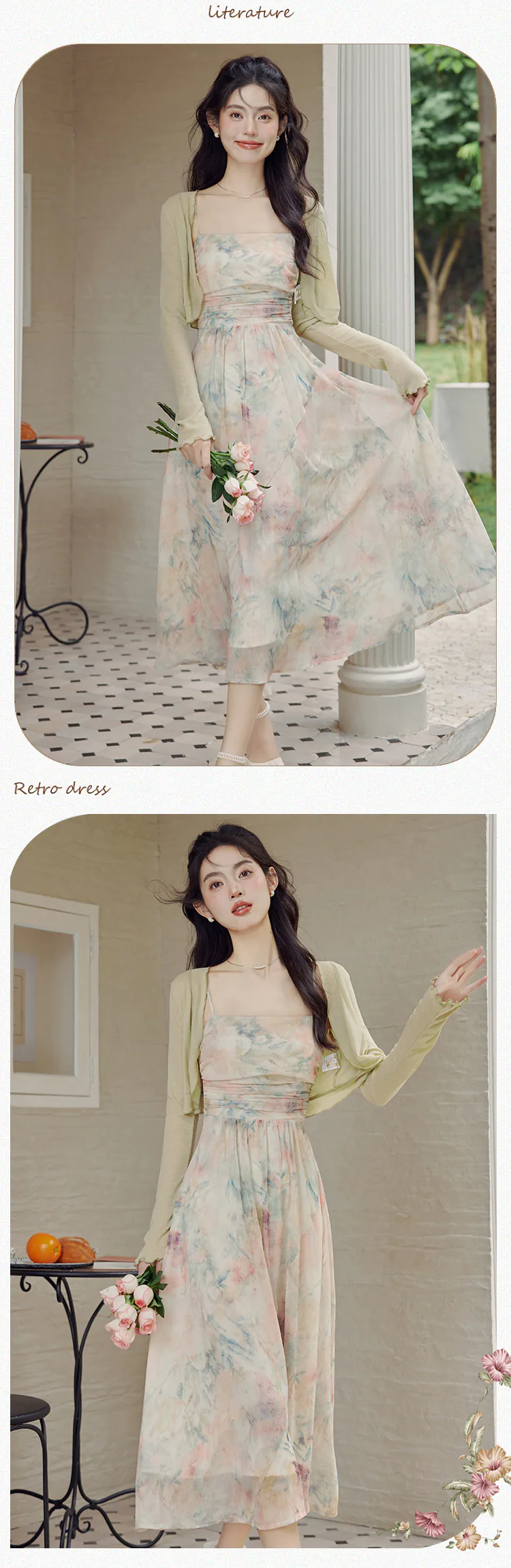 Green-Tie-Dye-Floral-Oil-Painting-Pleated-Slip-Dress-with-Cardigan-Suit15