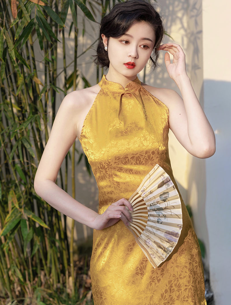 Halter Floral Brocade Sleeveless Jacquard Cheongsam Qipao Dress02