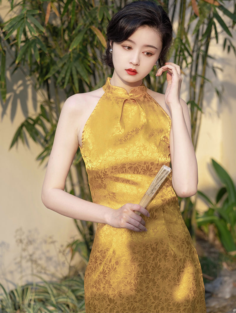 Halter Floral Brocade Sleeveless Jacquard Cheongsam Qipao Dress01