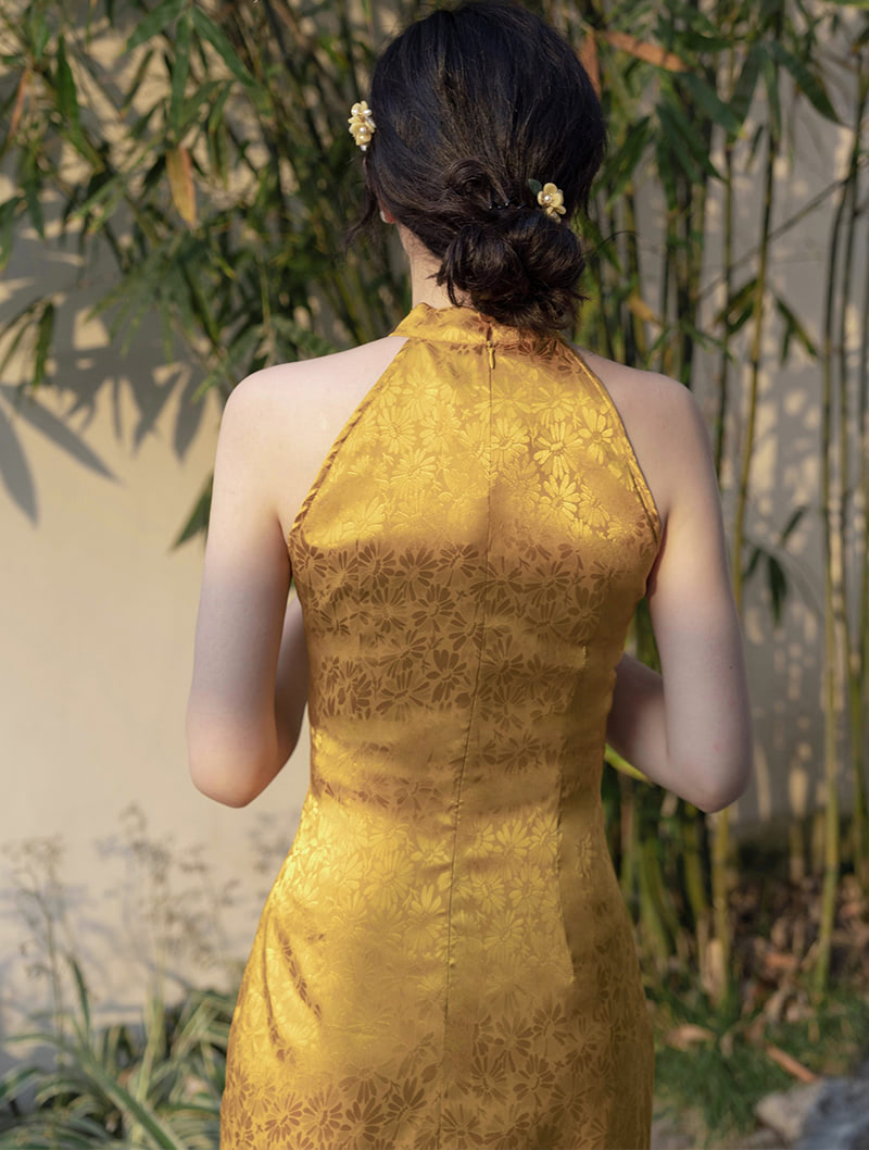 Halter Floral Brocade Sleeveless Jacquard Cheongsam Qipao Dress01