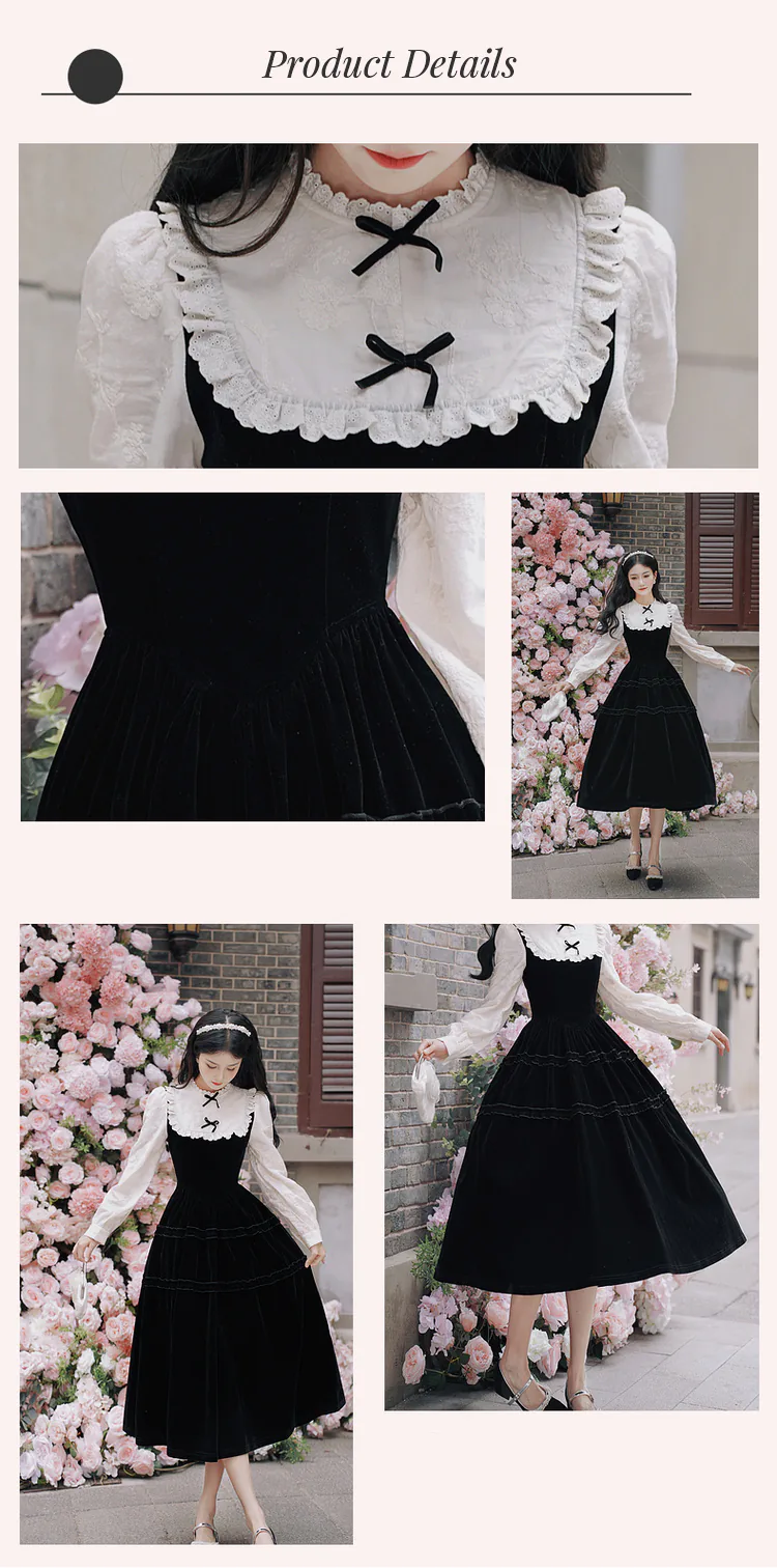 Ladies-French-Hepburn-Style-Long-Sleeve-Black-Velvet-Casual-Dress08