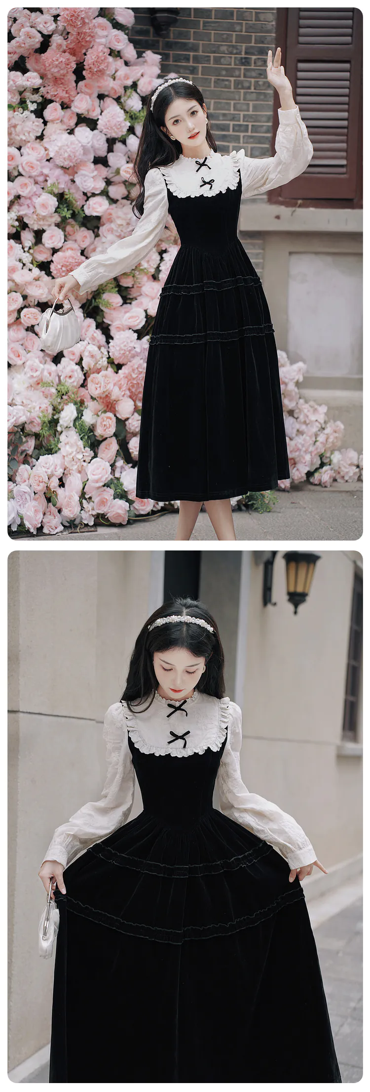 Ladies-French-Hepburn-Style-Long-Sleeve-Black-Velvet-Casual-Dress11
