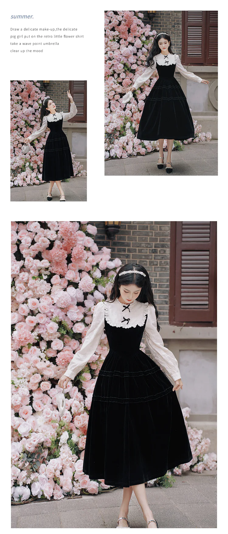 Ladies-French-Hepburn-Style-Long-Sleeve-Black-Velvet-Casual-Dress14