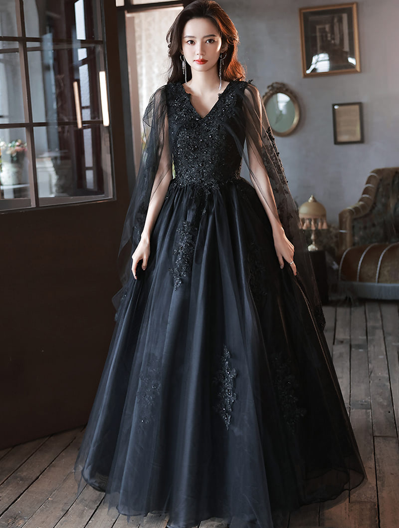 Luxury Black Tulle Sleeve Wedding Evening Formal Long Maxi Dress01