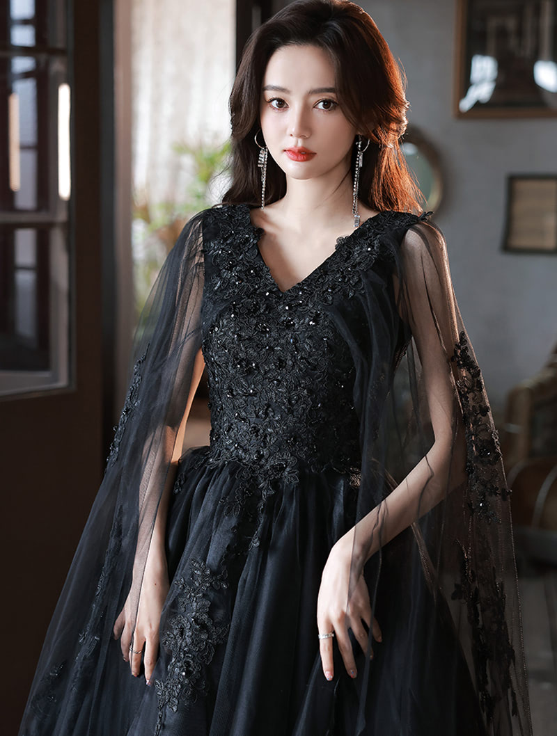 Luxury Black Tulle Sleeve Wedding Evening Formal Long Maxi Dress02