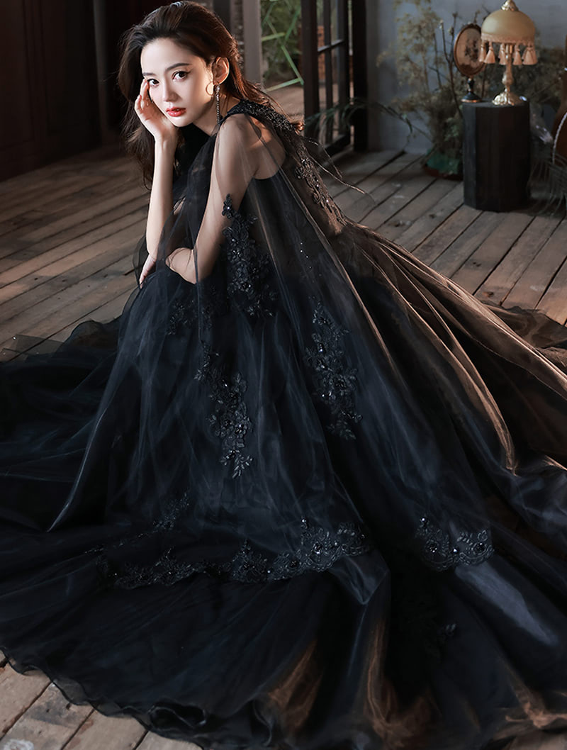 Luxury Black Tulle Sleeve Wedding Evening Formal Long Maxi Dress01