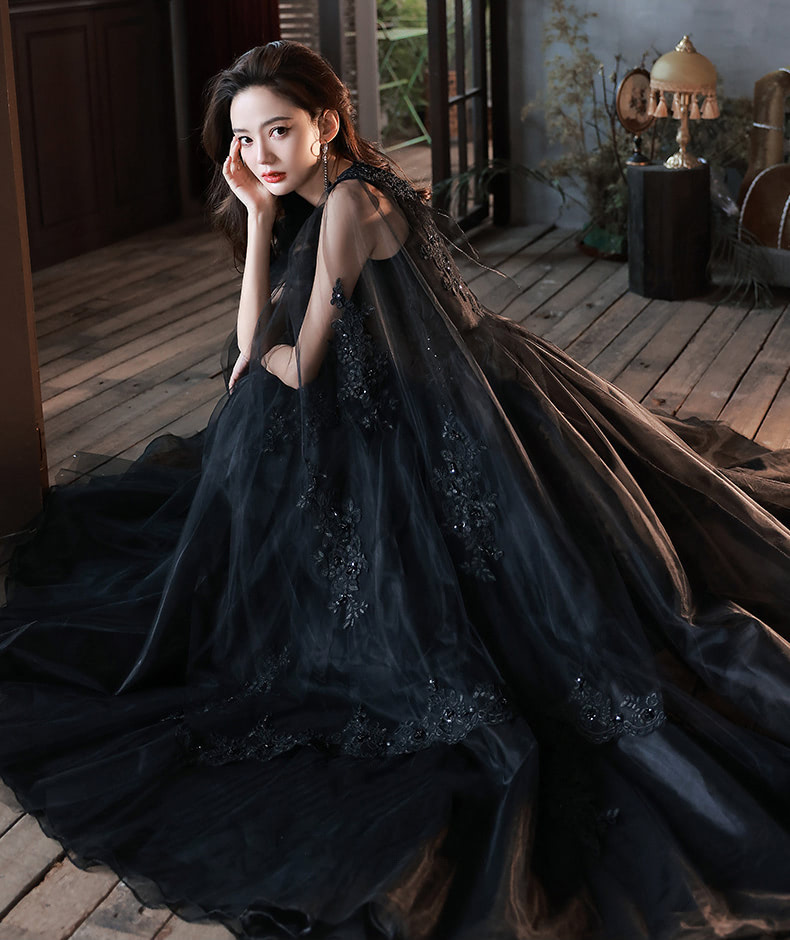Luxury-Black-Tulle-Sleeve-Wedding-Evening-Formal-Long-Maxi-Dress11