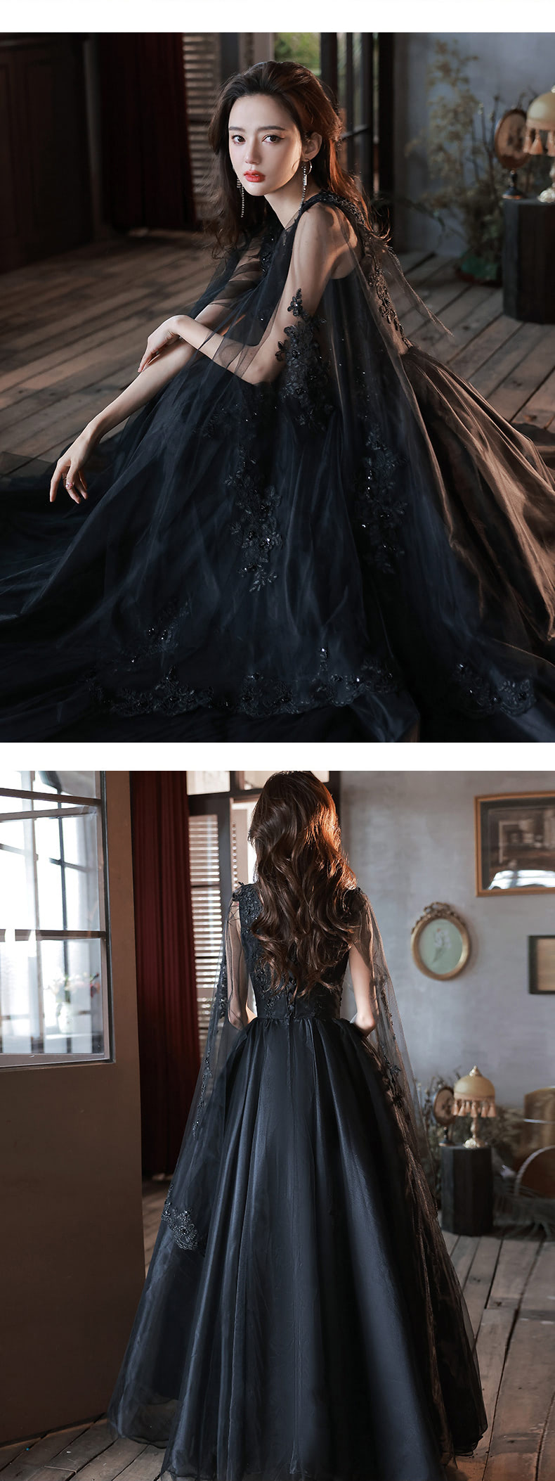 Luxury-Black-Tulle-Sleeve-Wedding-Evening-Formal-Long-Maxi-Dress15