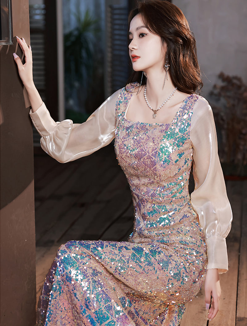 Luxury Sparkly Square Neck Long Sleeve Banquet Party Fishtail Dress03
