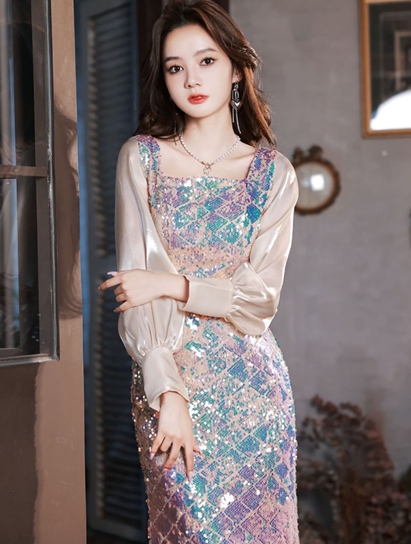 Luxury Sparkly Square Neck Long Sleeve Banquet Party Fishtail Dress01