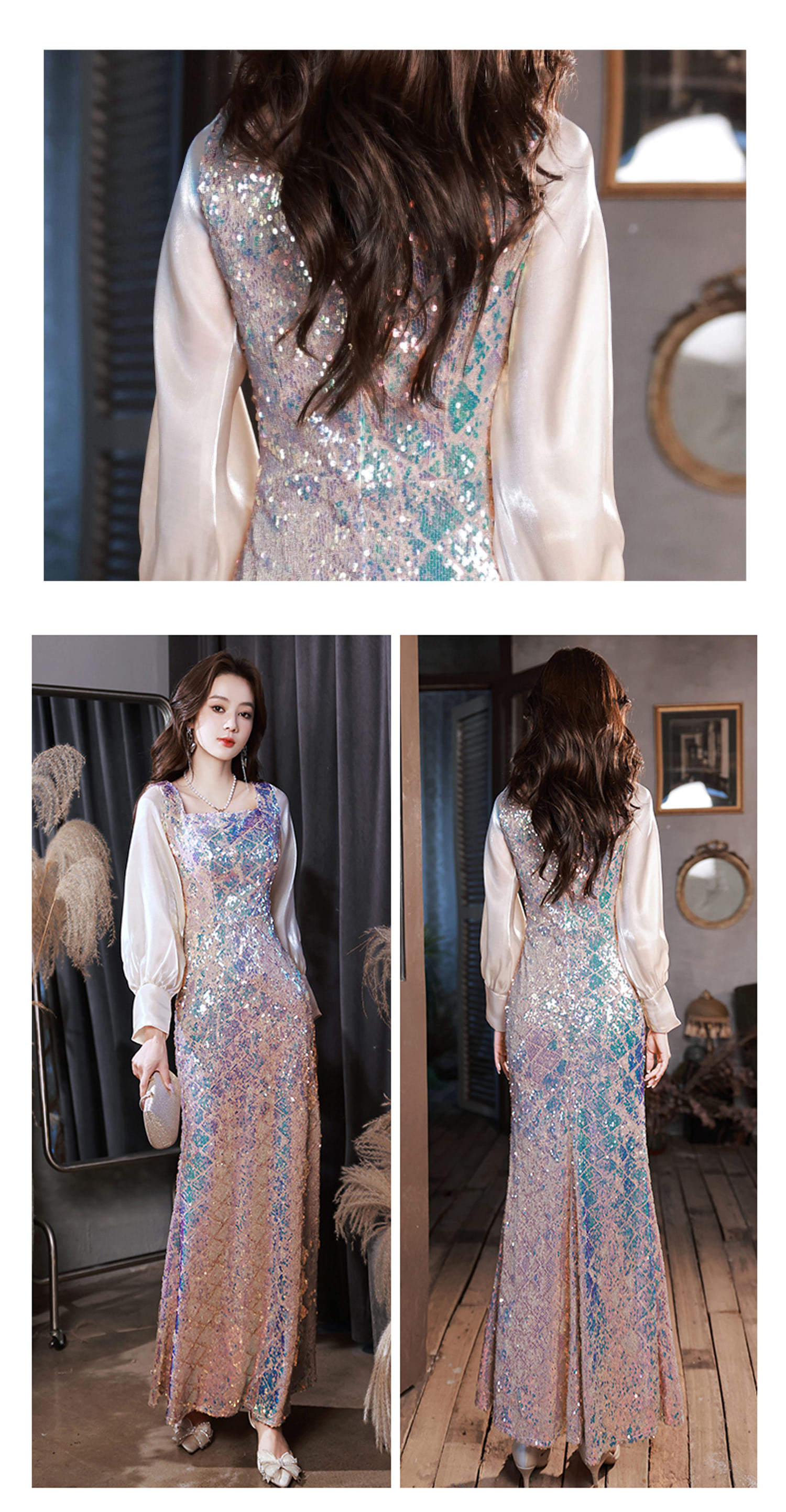 Luxury-Sparkly-Square-Neck-Long-Sleeve-Banquet-Party-Fishtail-Dress10