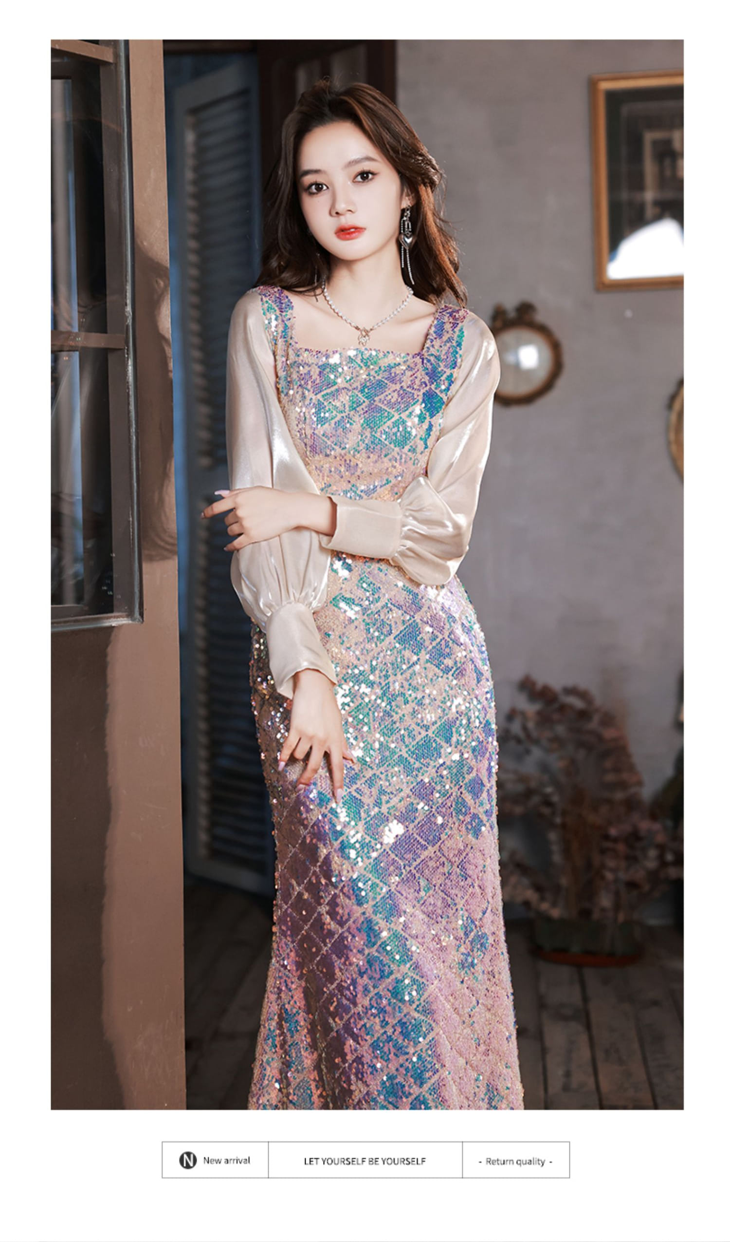 Luxury-Sparkly-Square-Neck-Long-Sleeve-Banquet-Party-Fishtail-Dress14