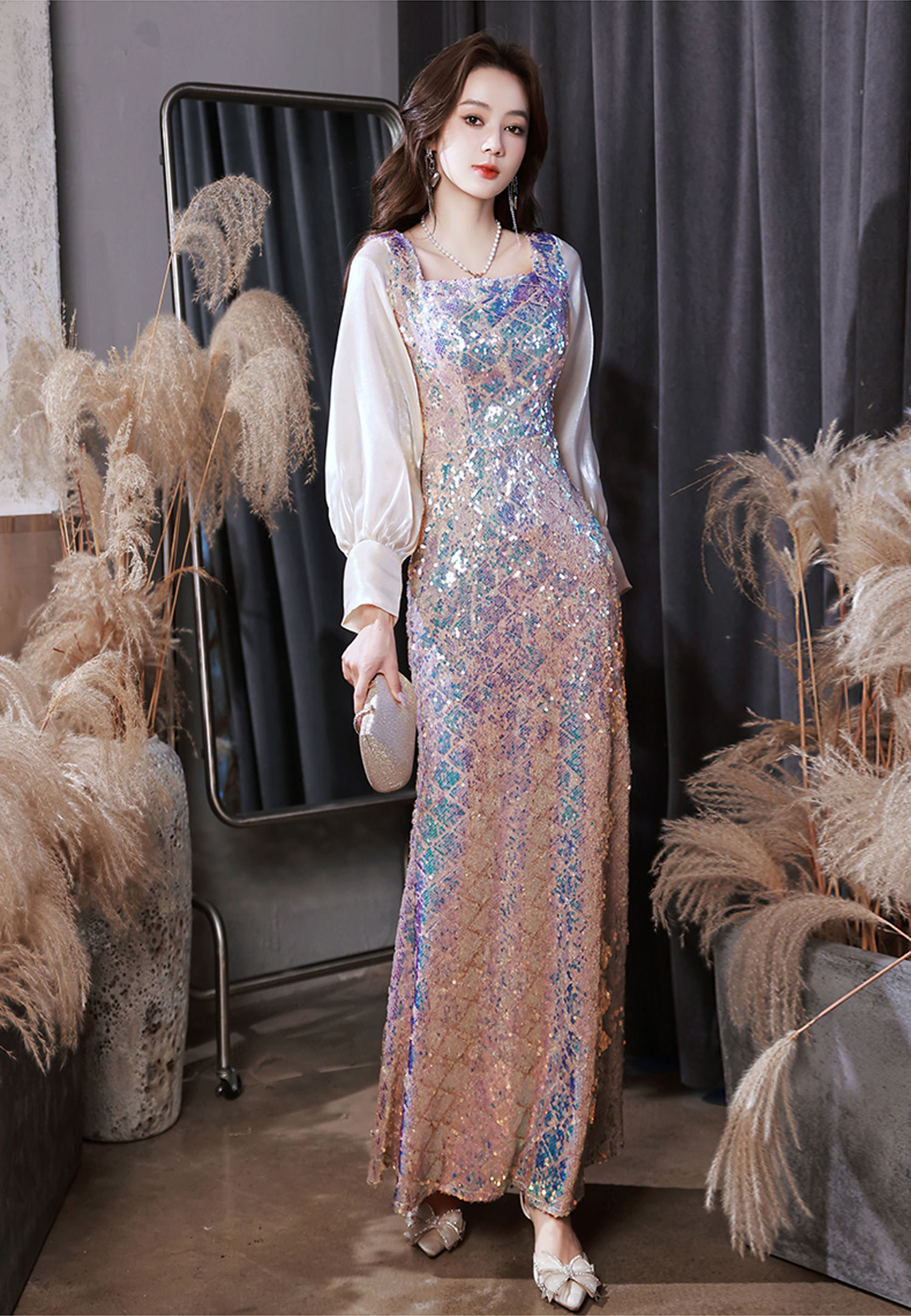 Luxury-Sparkly-Square-Neck-Long-Sleeve-Banquet-Party-Fishtail-Dress15