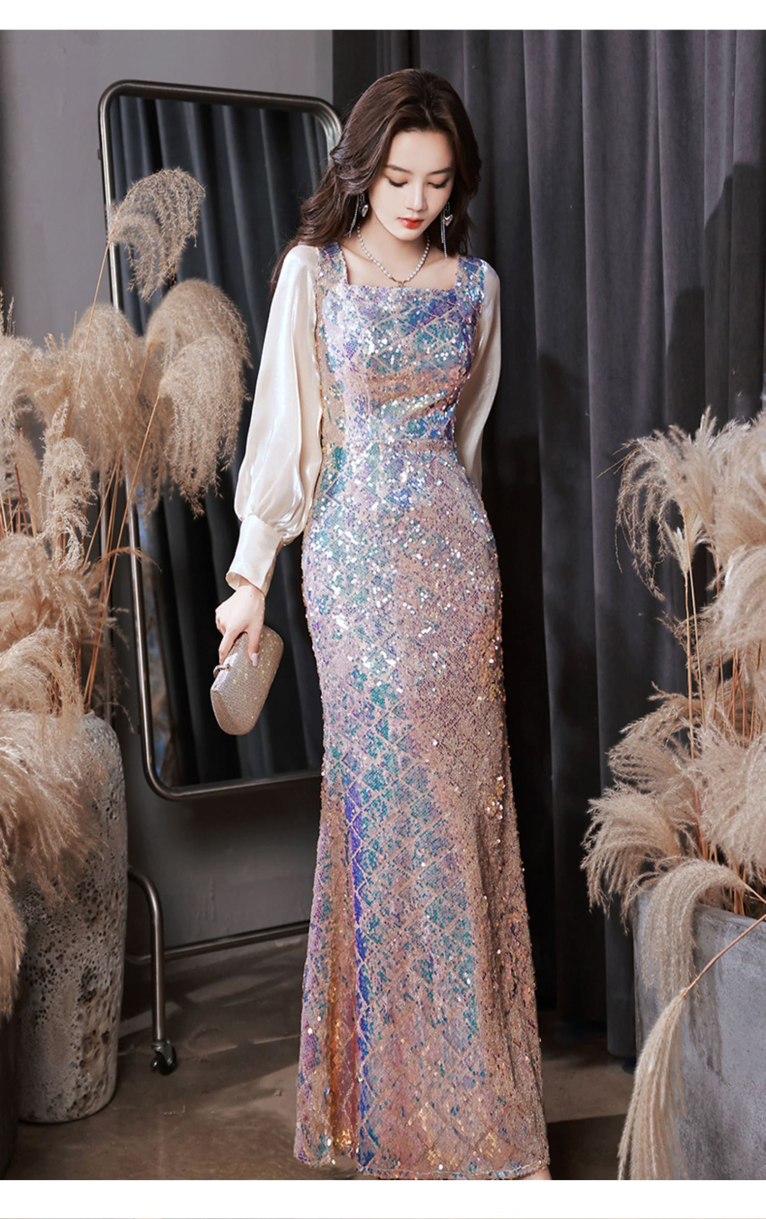 Luxury-Sparkly-Square-Neck-Long-Sleeve-Banquet-Party-Fishtail-Dress18